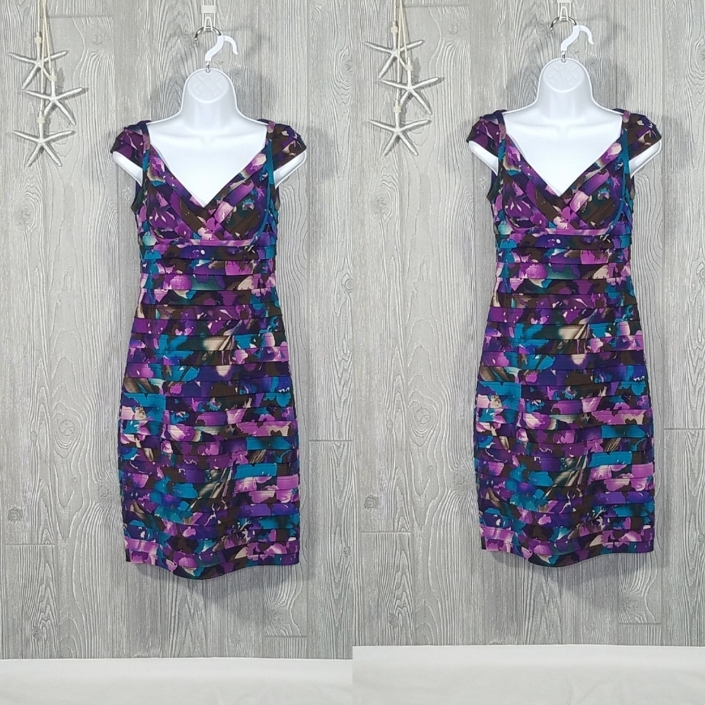 Adrianna Papell Dress Size 4 Multi Color Tiered Pleated Floral Sheath Cocktail